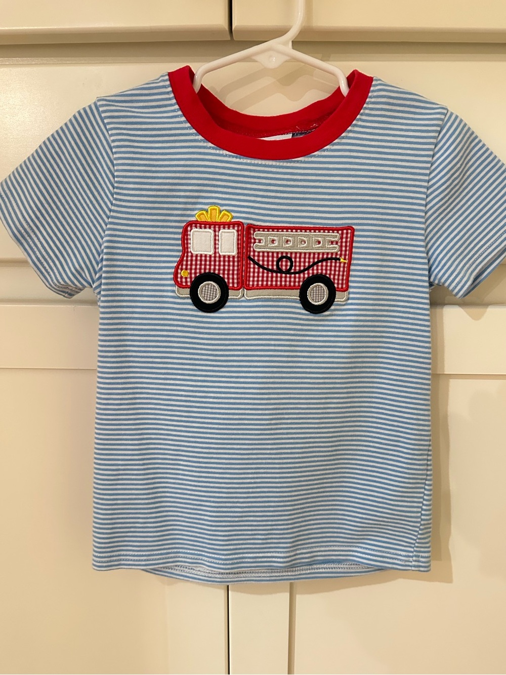Light Blue Striped Tee with Red Fire Truck Applique